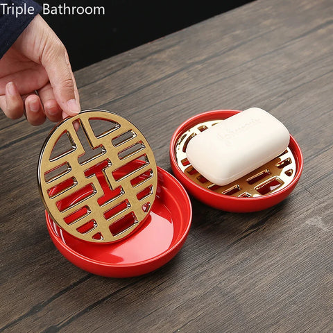 Chinese Red Ceramic Soap Dish Double Layer Drain Soap Box Home High Quality Soap Holder Storage Container Bathroom Accessories